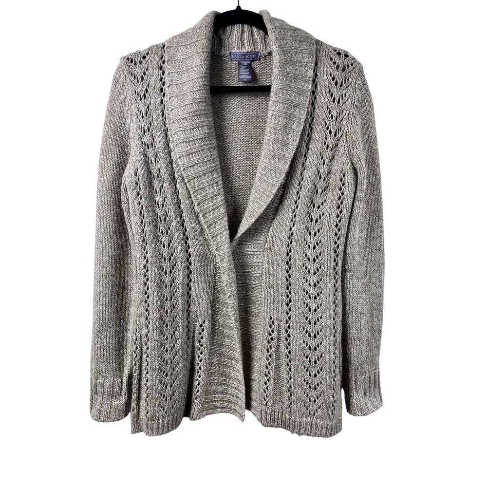 Laura Scott Open Front Shawl Collar Pointelle Knit Cardigan Sweater Beige Small